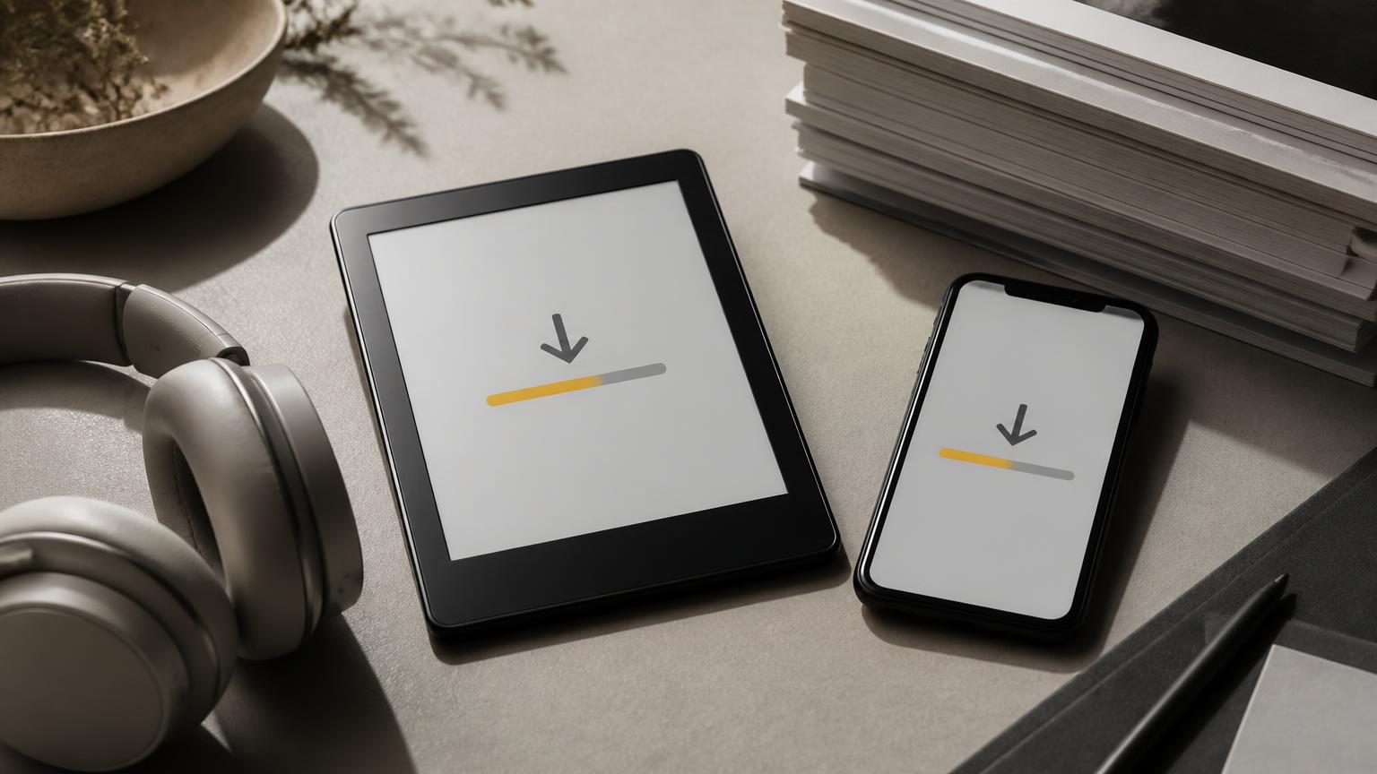 E-reader en telefoon waarop een download wordt gestart
