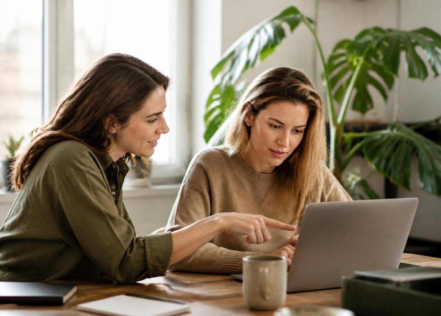 Twee collega's bespreken een ontwerp achter een laptop aan een werktafel